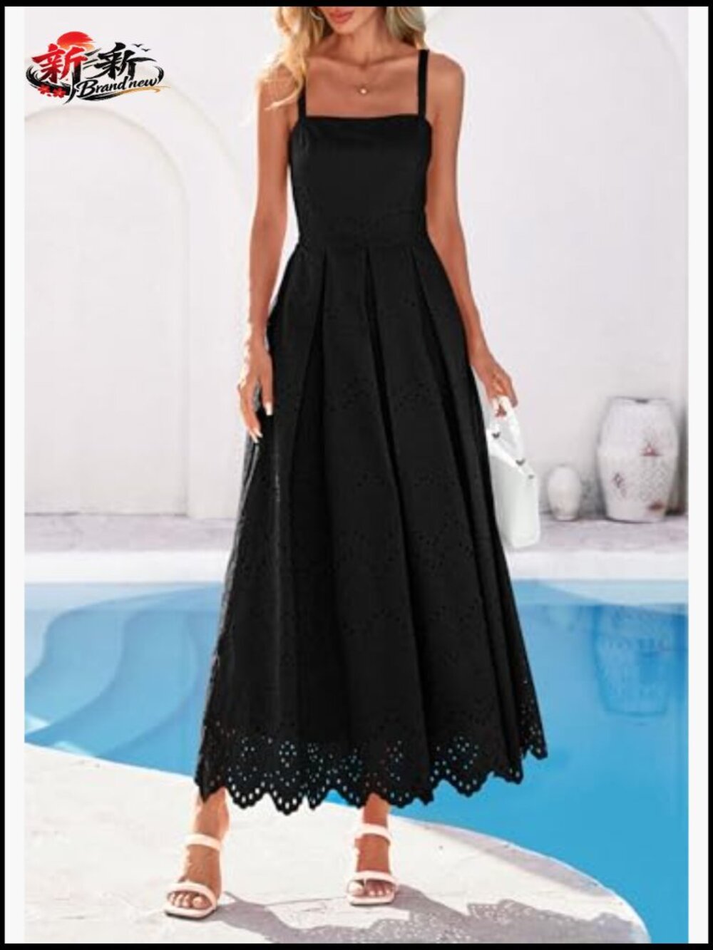 Sleeveless Maxi Dress with Eyelet Square Neck Ruffle Beach Sundress - Picture 2 of 7